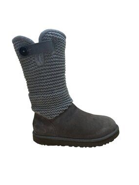 UGG Women’s Gray Knit Cuff & Suede Strap Detail Classic Pull-On Boots Size 8